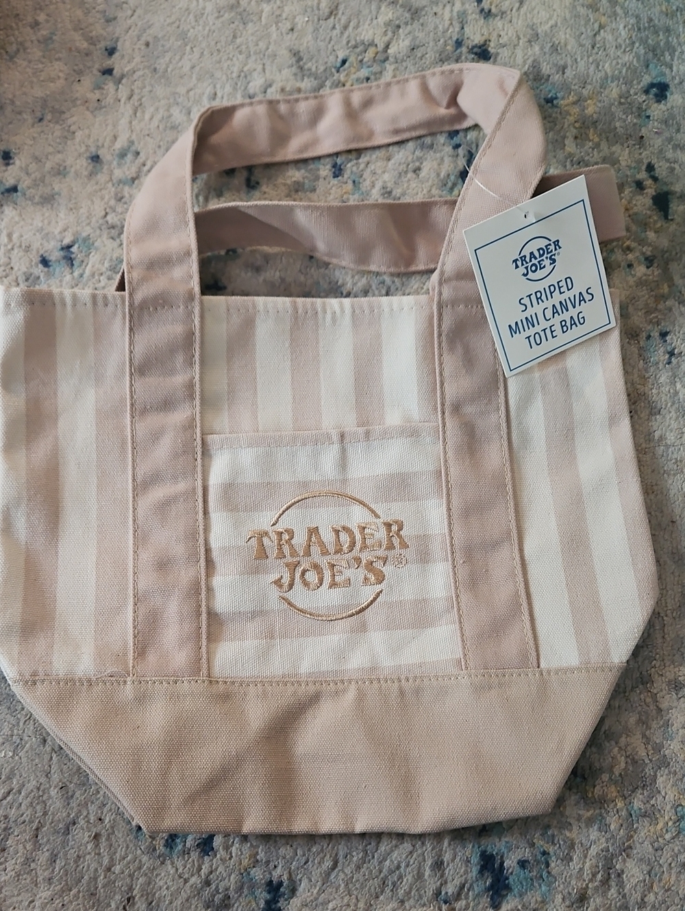 2/25 Trader Joe's Striped Mini Canvas Tote Bag in Light Tan & Cream